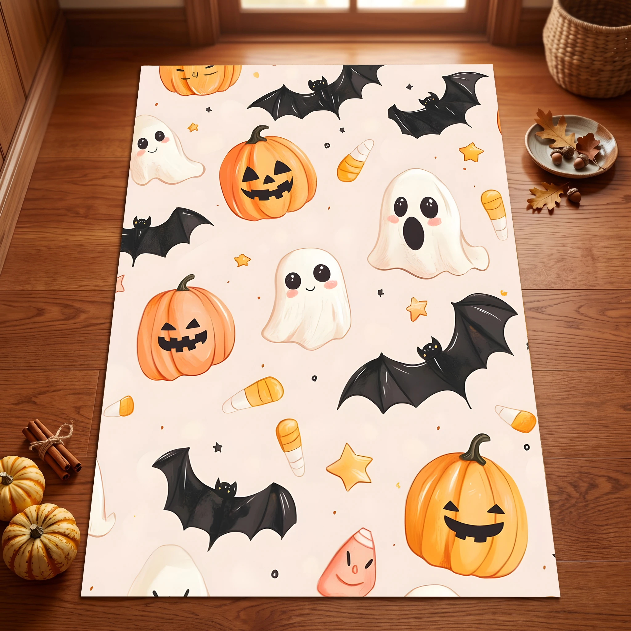 Pumpkin Black Cat Ghost Halloween Cute Velvet Area Rug, for Living Room Bedroom Entryway, Autumn Winter