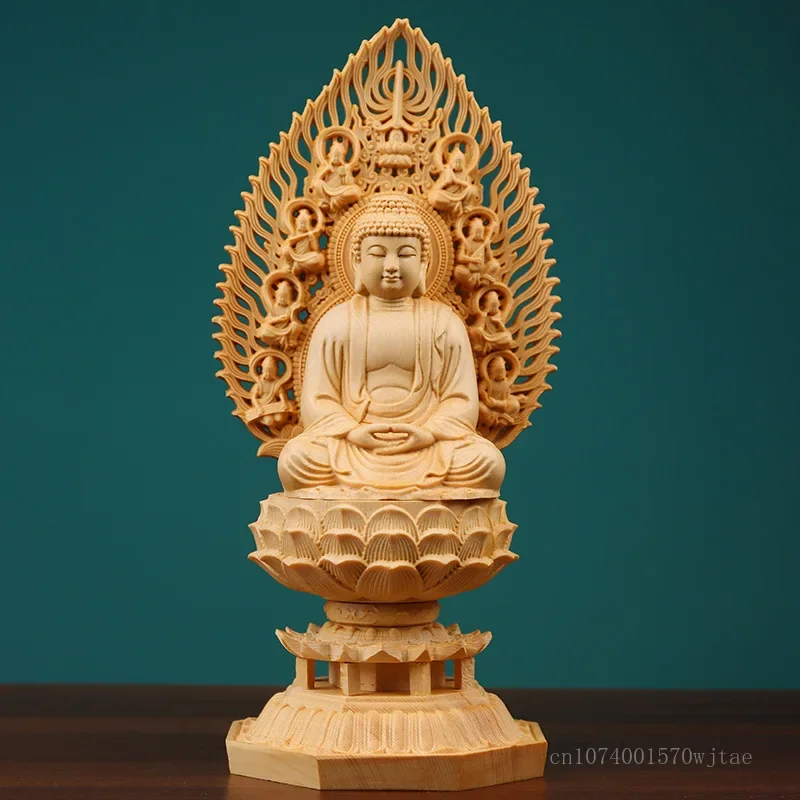 Imagem -04 - Poplar Madeira Mão Escultura Artesanato Ocidental Três Santos Cadeiras Estátua de Buda Sentado Escultura Lotus Decoração 1pc Amarelo