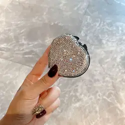 High-Profile Pocket Mirror with Artificially Diamond-Encrusted Heart-Shaped Folding Hd Reversible Mini Touch-Up Mirror