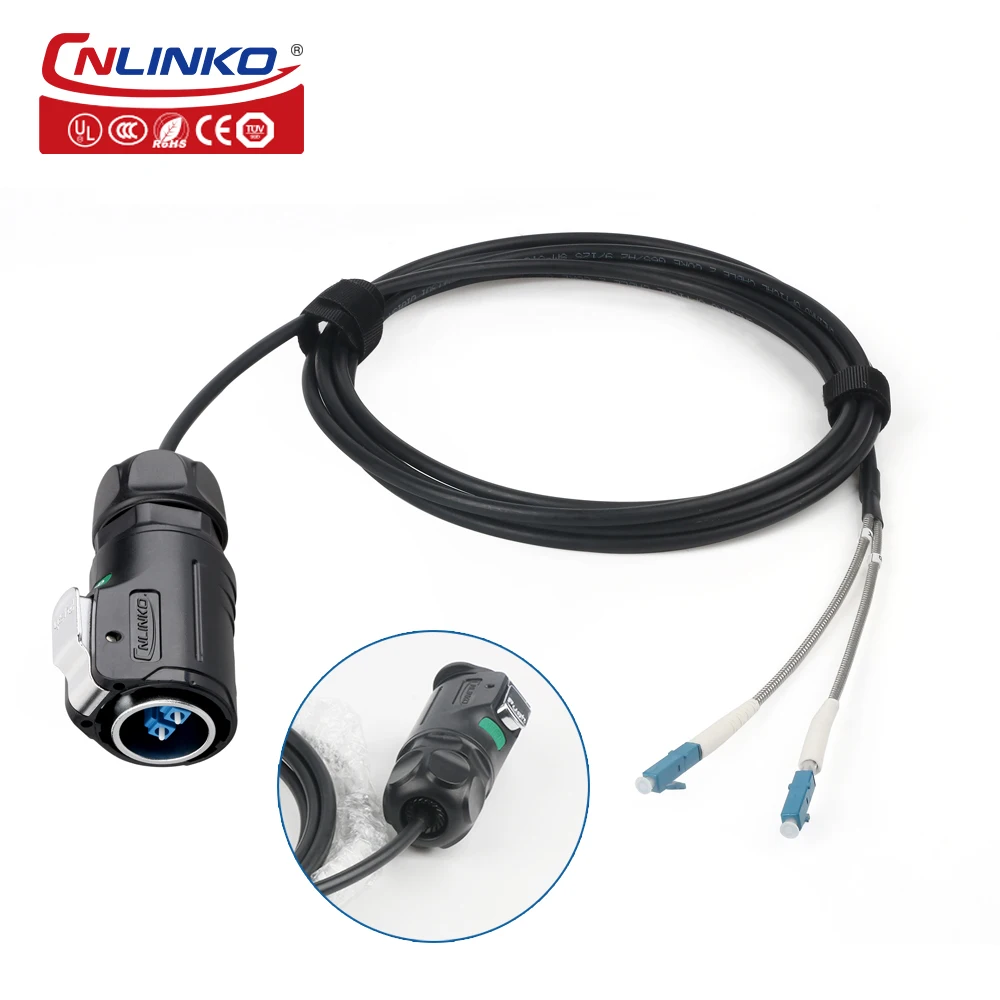 CNLINKO Industrial IP68 Waterproof Single Mode LC Optical Fiber Connector Female Socket Power Electrical Cable Plug Extend Cable