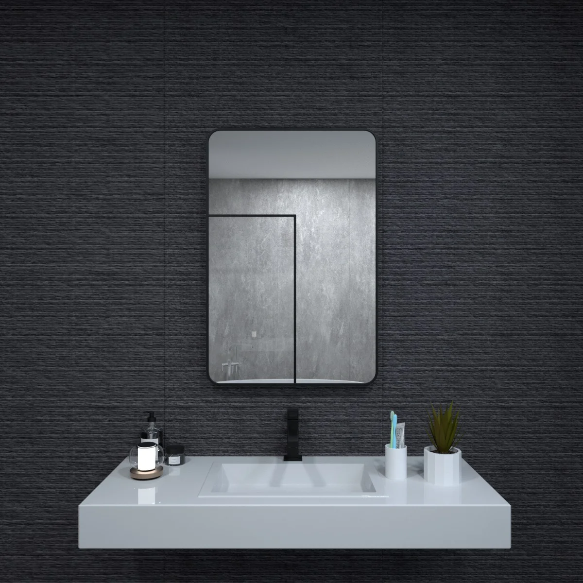 

Aluminum Framed Matte Black Rectangle Bathroom Wall Mirror, Anti-Rust, Tempered Glass mirrors, Hangs Horizontally or Vertically