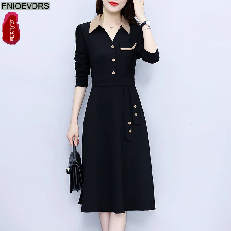 Gran oferta, vestidos camiseros de 2 piezas de imitación, nueva moda para mujer, elegante vestido de oficina para mujer, trabajo de retazos con botones, vestido negro francés hasta la rodilla