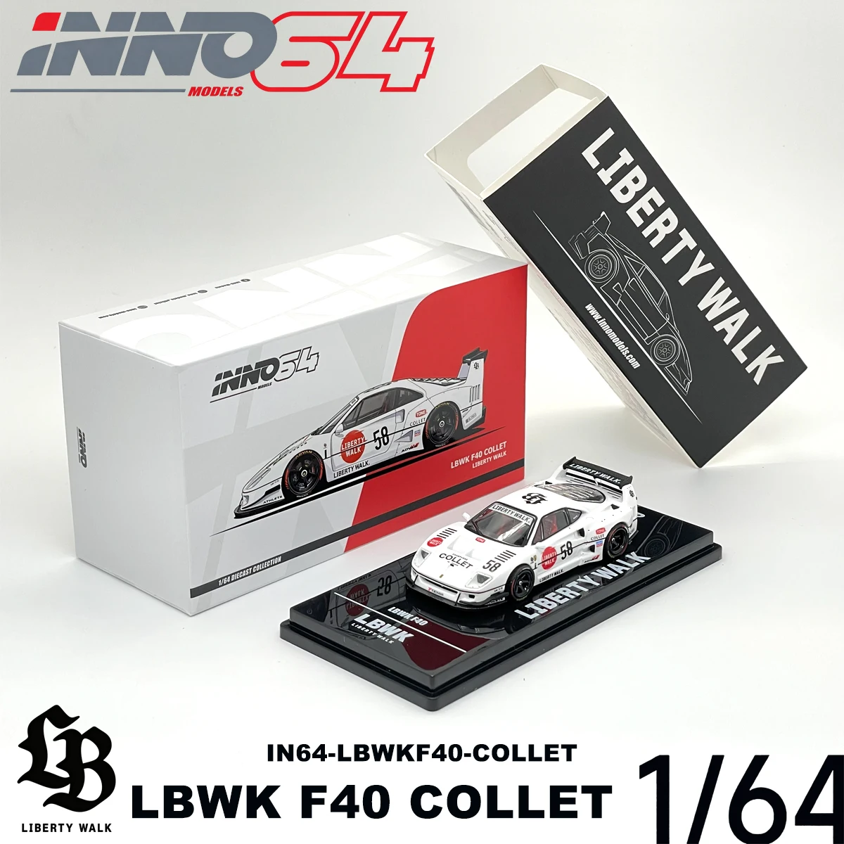 in Stock Ready To Ship INNO64 1:64 LBWK F40 Collet Liberty Walk #58 IN64‑LBWKF40‑COLLET Collectible Model Vehicles Alloy