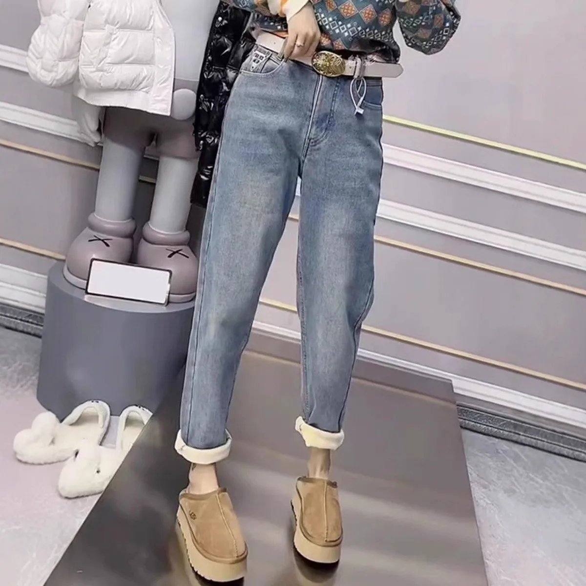 

Женские джинсы с флисовой подкладкой, утепленные, эластичные, прямого кроя, осенне-зимние, свободные, с высокой талией, в стиле Dad Harlan Carrot Pants