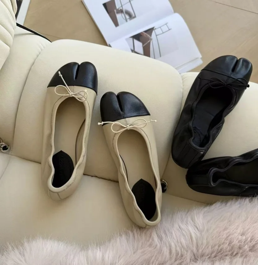 Mix Color Lady Tabi Shoes Microfiber Leather Comfy Flats Split Toe Footwear Soft Bottom Loafers Solid Brief Ladies Ladies A0061