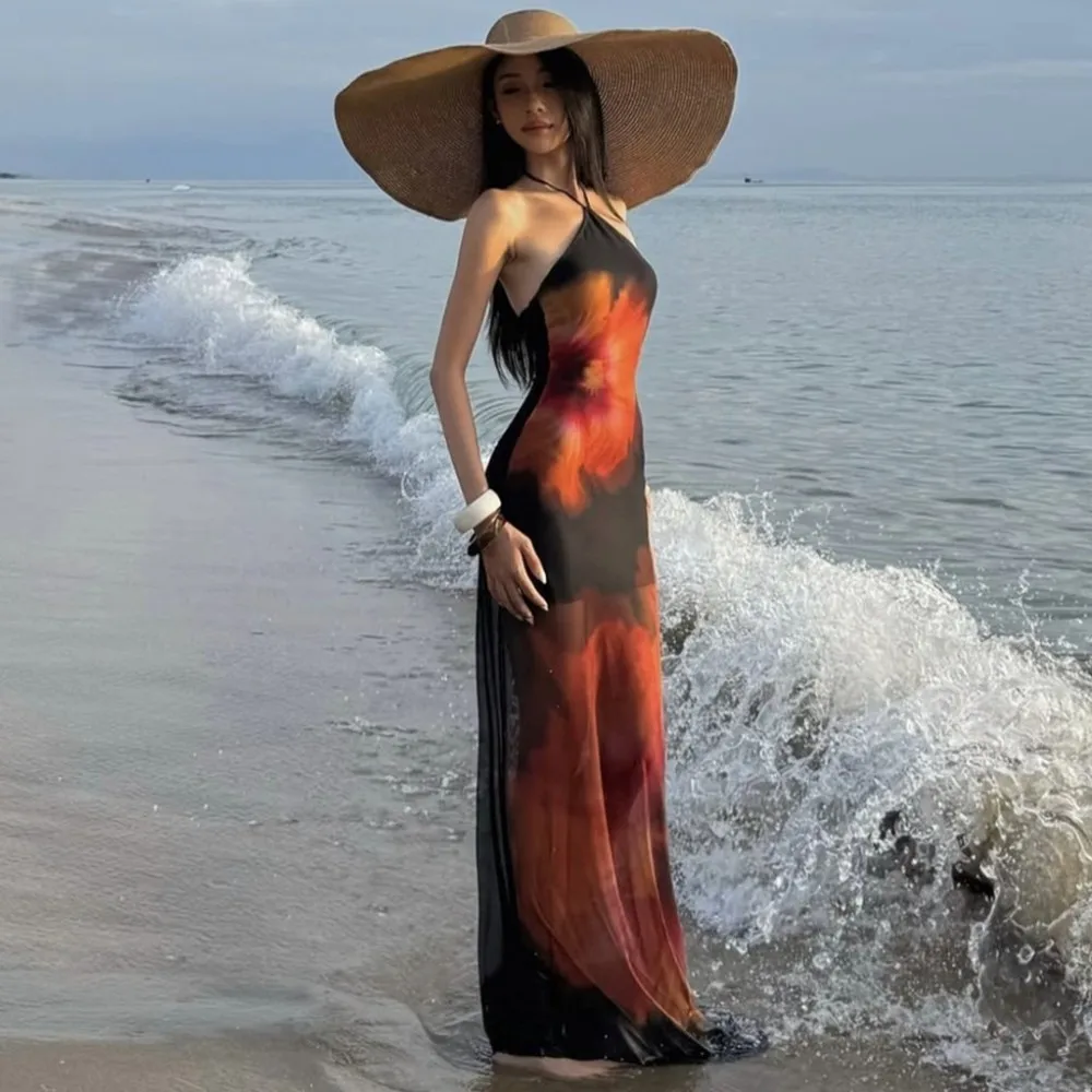 SylCue Vestidos Longos Estampado Flor Mulheres Malha Patchwork Halter Fora Do Ombro Backless Verão Férias Praia Estilo Vestidos Elegantes