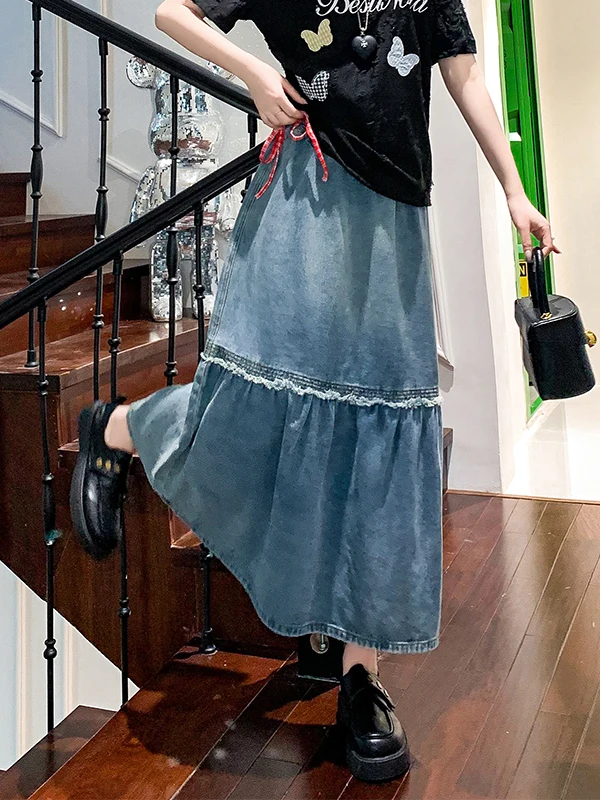 High Waist A-Line Denim Skirt Women's Midi Skirt Slimming Straight Cut Meat Covering Loose Fit Summer Cotton Blend Skirt