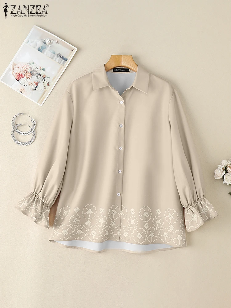 ZANZEA 2025 Fashion Printed Tops Islamic Hijab Turn-Down Collar Button Up Casual Shirts Muslim Flared Sleeve Woman Chemise Femme