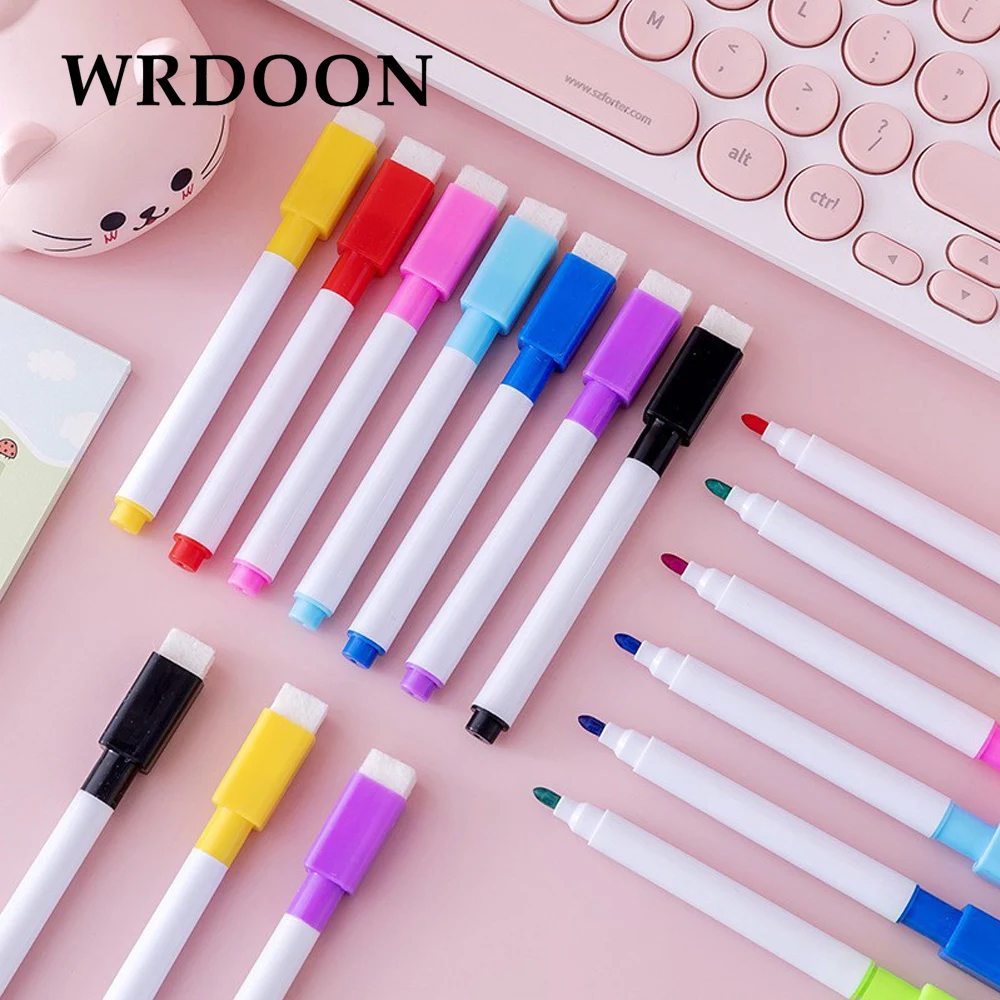 6pcs Brush Whiteboard Marker Pens Board Dry-Erase Pen With Eraser Markers Writing Water Color Stationery Supplies (No Magnetic)