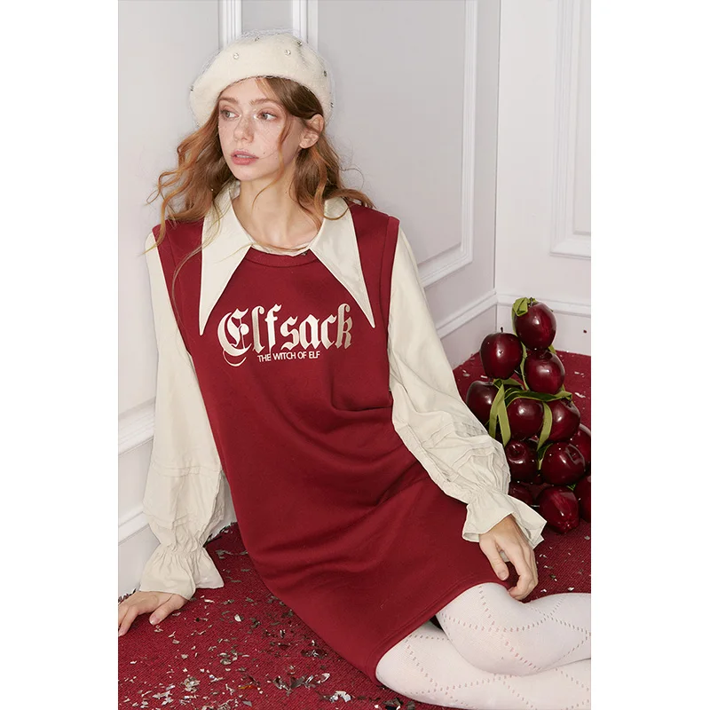 Elfsack camisa formal falsa de duas peças vestido de manga longa inverno feminino carta impressão puff manga vestido casual algodão roupas femininas
