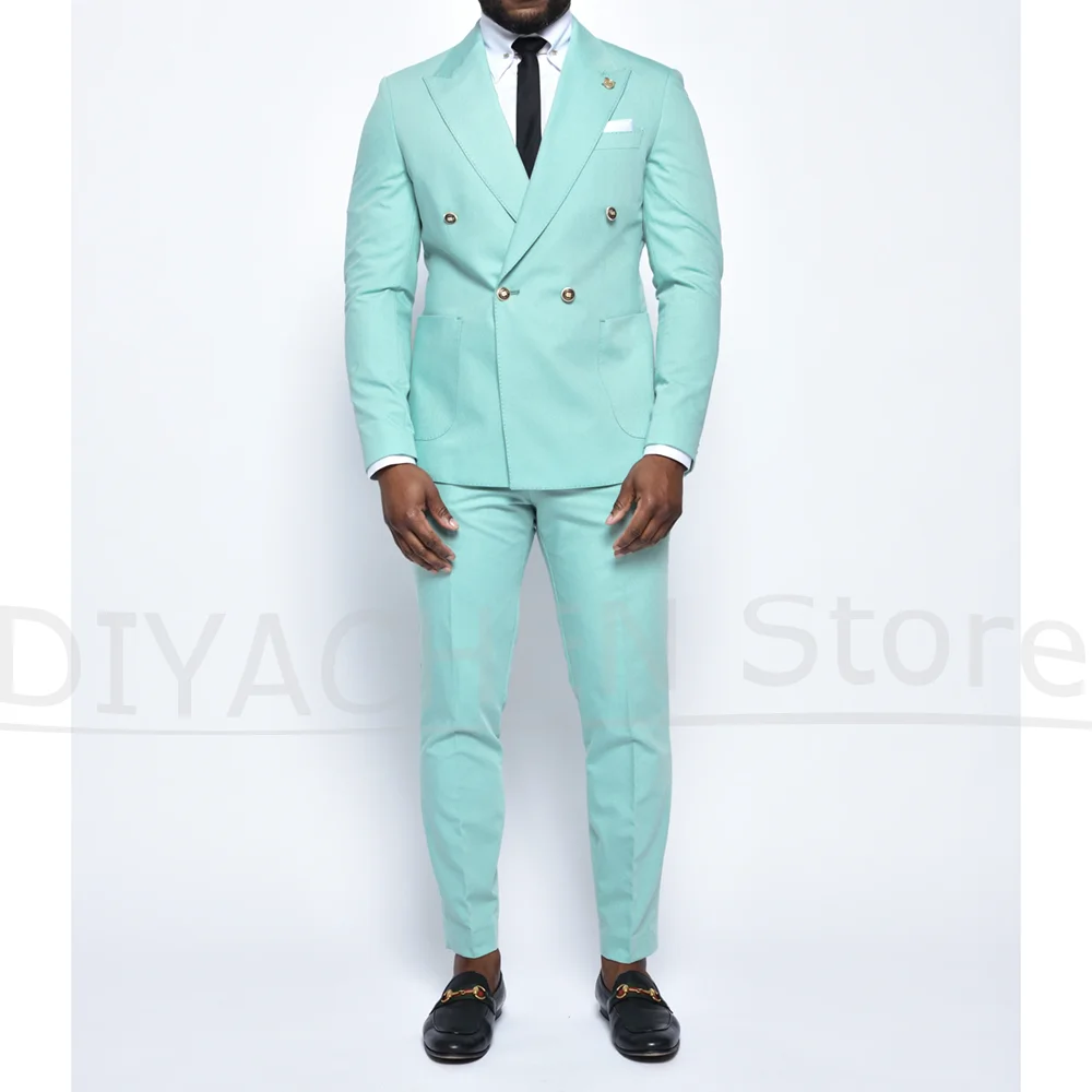 

Fashion Men Suits Chic Peak Lapel Double Breasted Outfits 2 Pieces Solid Color Formal Wedding Party Male Suit (Jacket+Pants)