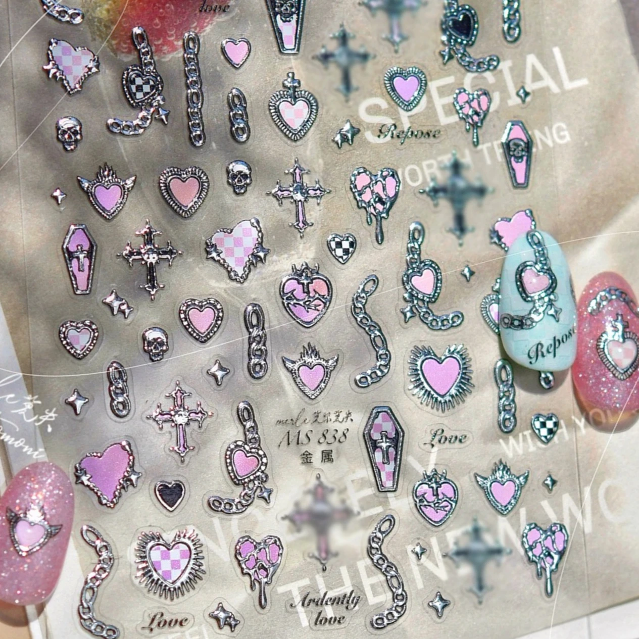 熱狂的にシルバー溶岩チェーンクール不規則なハートガードスケルトン星月棺ロックちょう結びネイルアートステッカーマニキュアデカール