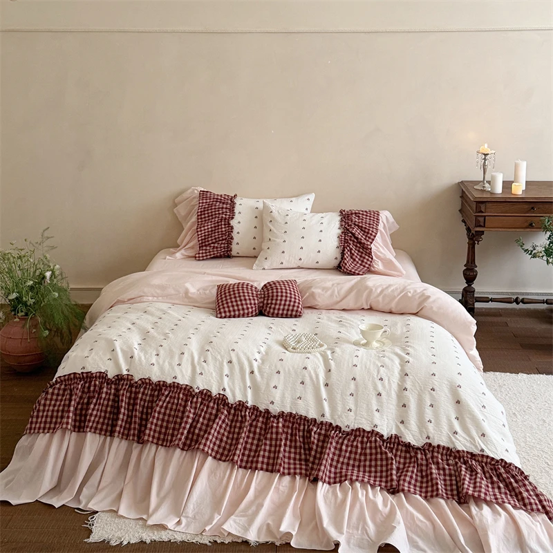 100% Cotton Duvet Cover Set Red Plaid Ruffle Sweet Girls Bedding Set With Pillowcases Romantic Princess Style Bed Linen For Home