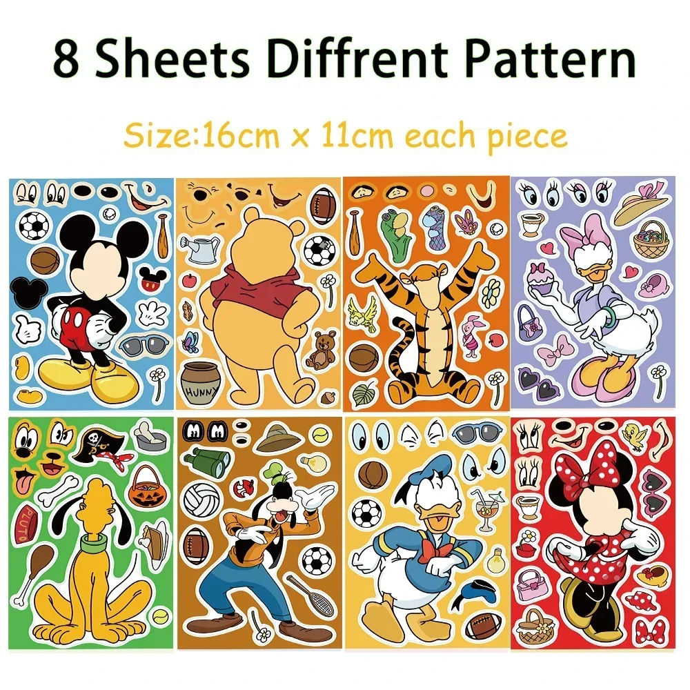 8/16Sheets Disney Mickey Mouse Puzzle Stickers Micke Make-a-Face Funny Assemble Jigsaw Cartoon Sticker Kids Educational Toys