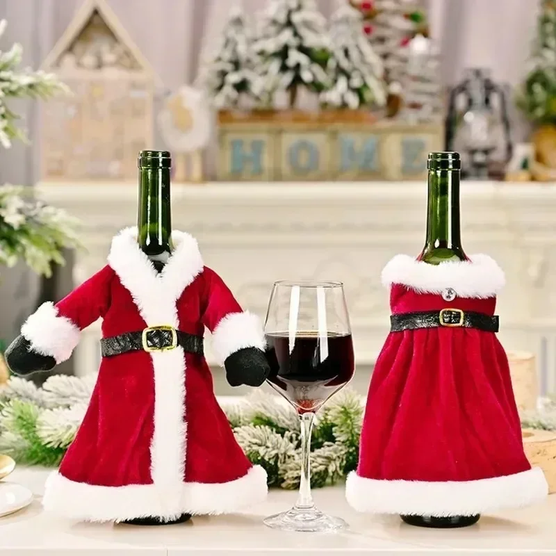 

1PC Christmas Red Dress Wine Bottle Covers Velvet Wine Bottle Bags Xmas New Year Holiday Party Dinner Table Decoration Gifts