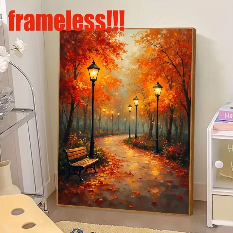 Professional Art Use 1 Set of Frameless Digital Oil Painting - Autumn Path with Lamps and Bench. Easy DIY Bedroom and Living Roo