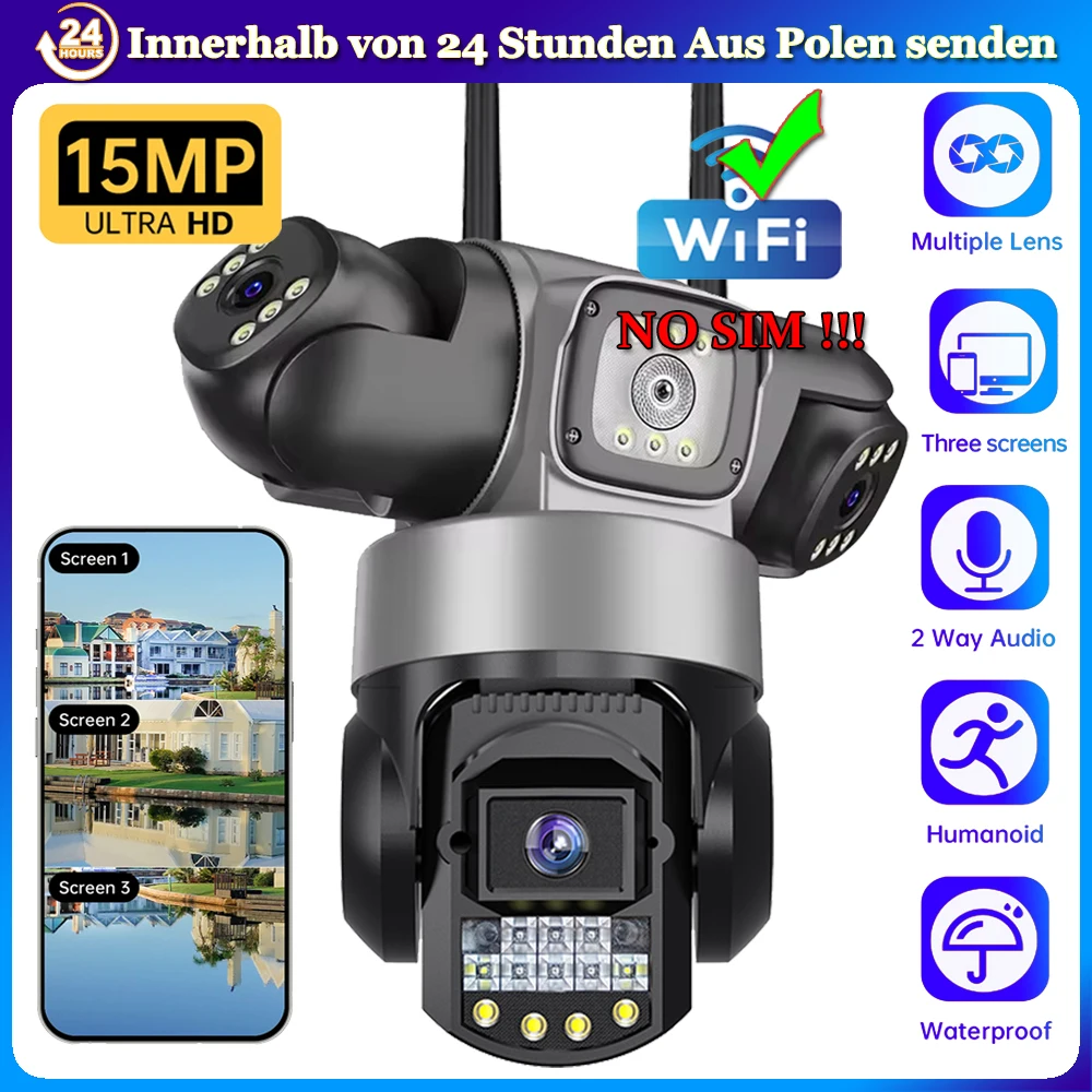 WiFi-Kameras 12MP 6K Dreifach-Objektiv Outdoor Wasserdichte CCTV-Videokamera Smart Home Sicherheitsschutz Farbnachtsicht Bewegungserkennung Heimsicherheit Überwachung V380 Pro IP-Kamera