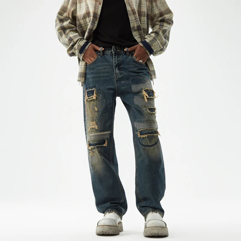 

JK9658 Heavyweight American vintage patch holes wide-leg jeans men's loose straight drape personality trend design feeling