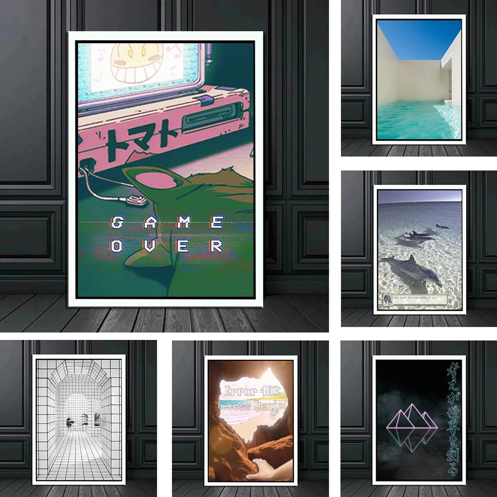 Vaporwave Aesthetic Poster Game Over Dolphin Microsoft Windows 95 Canvas Painting Wall Posters Bedroom Bar Hotel Home Decoration