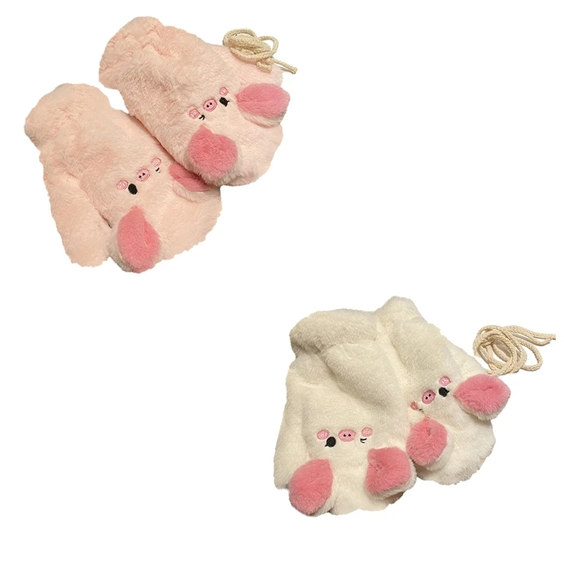 

Lovely Cartoon Piglet Furry Gloves Women Winter Thicken Plush Mittens with String Rope Schoolgirls Casual Full Finger Gloves