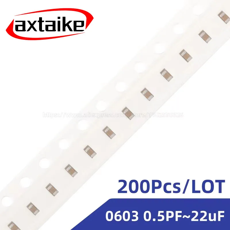 

200PCS 0603 0.5pF - 22uF SMD Chip Multilayer Ceramic Capacitor 10pF 22pF 100pF 1nF 10nF 15nF 100nF 0.1uF 1uF 2.2uF 4.7uF 10uF