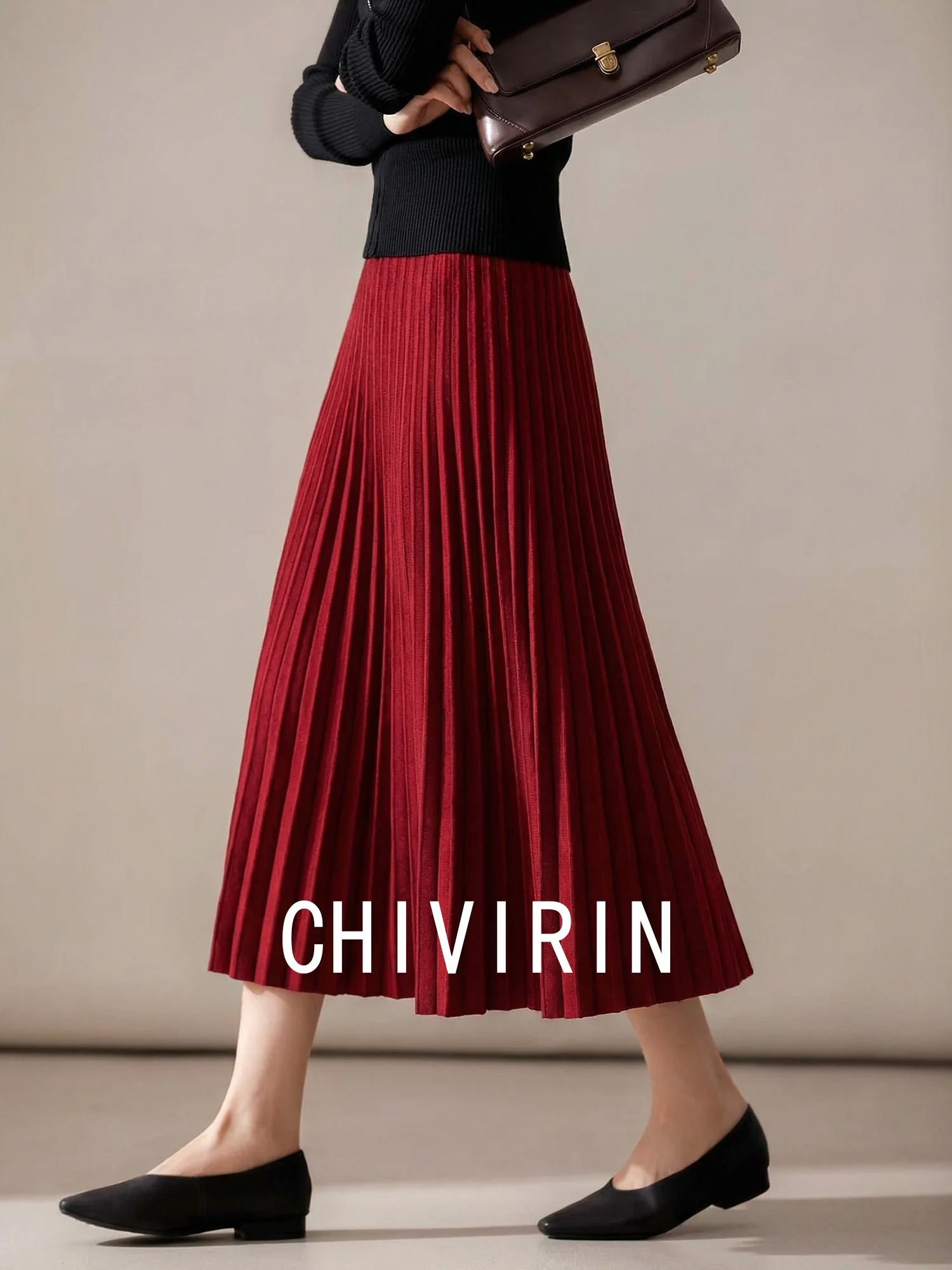 

Chivirin High Waist Pleated Skirt Women's Spring Faion Red Midi Skirt Elastic Waist A-Line Silhouette Commute Sle