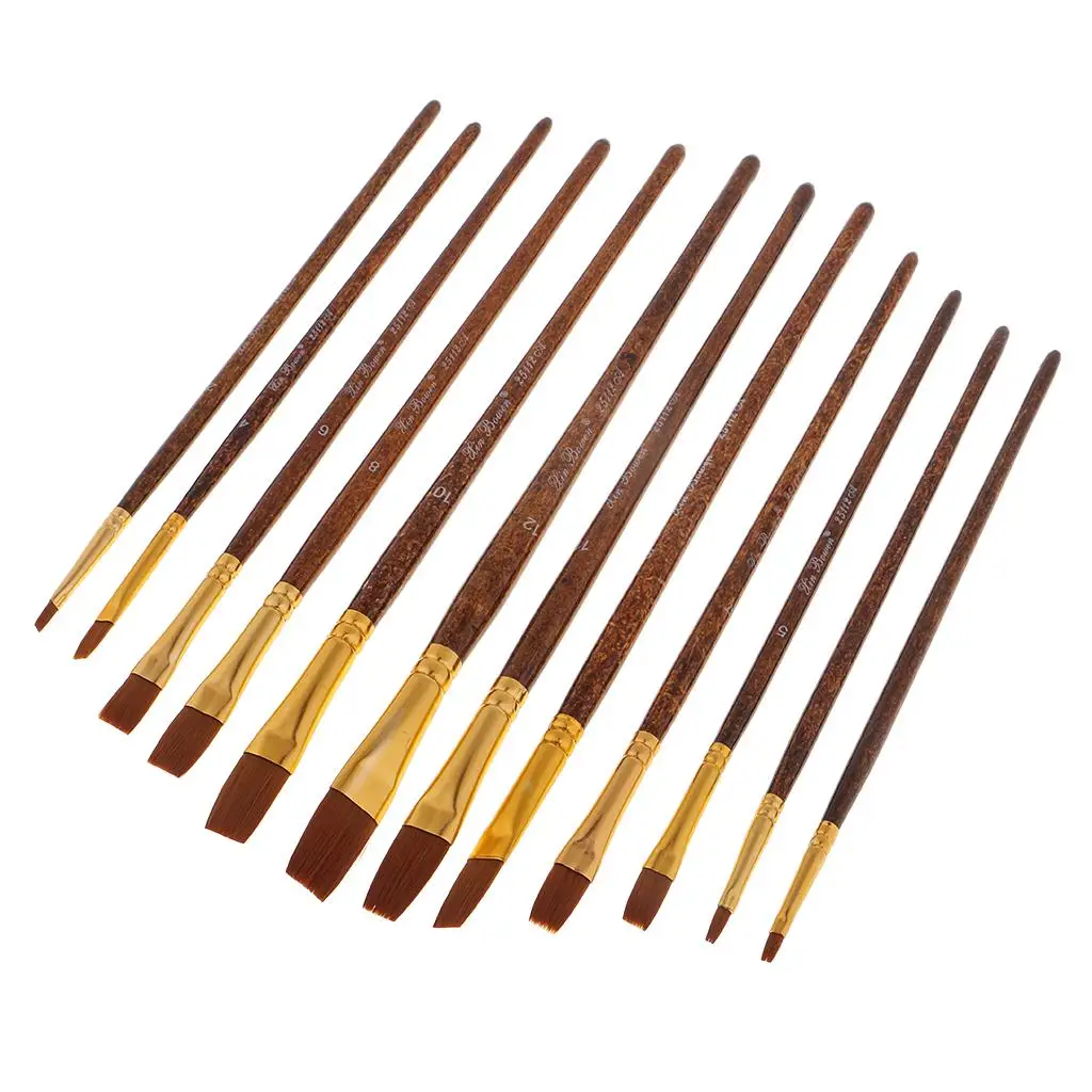 Ensemble de pinceaux avec manche en bois, pinceaux à cheveux en nylon pour peinture à l'huile acrylique, kits de peinture d'artiste professionnel, 12 paquets