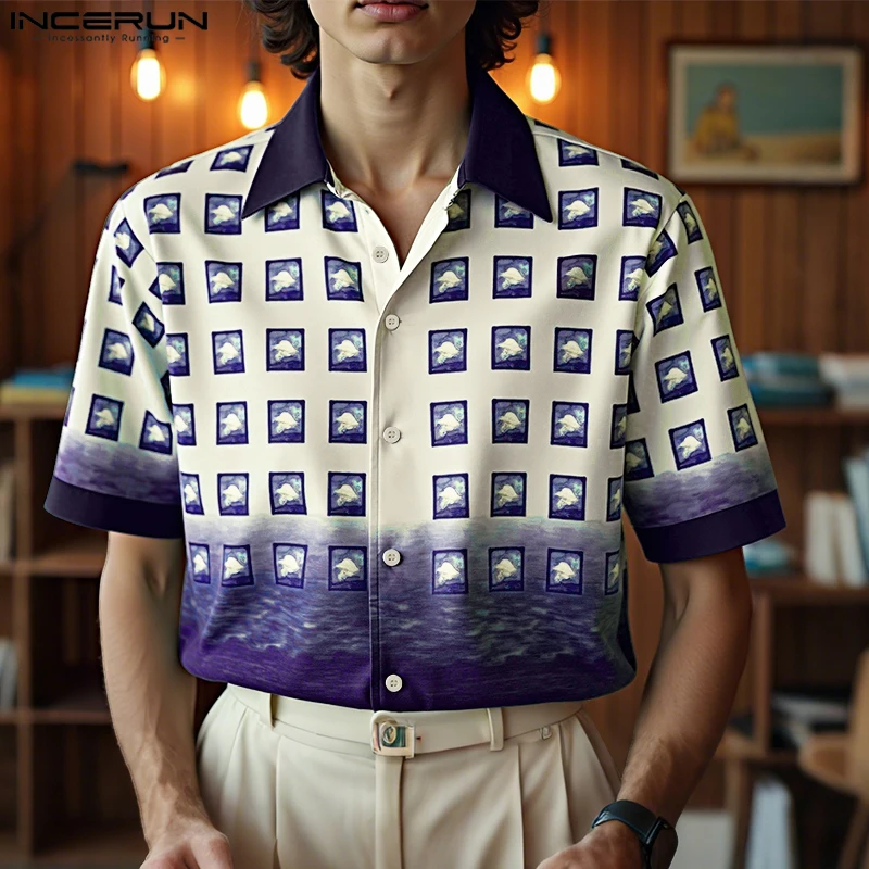 

Print Men Shirts INCERUN Fashion Summer Short Sleeve Male Shirts Turn Down Collar Tops Men's Clothing Streetwear Casual Shirts