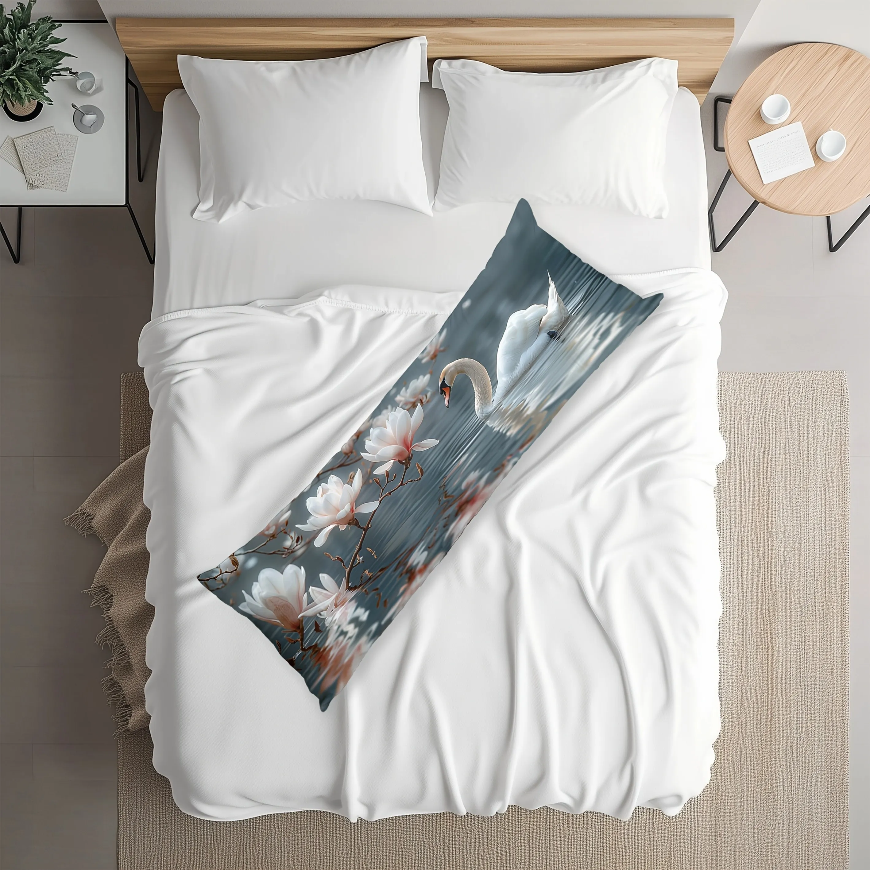 1 Extra-Long Pillowcase - Elegant White and Pink Floral Pattern with Magnolia and Swan Prints, Soft Polyester Fiber Pillowcase w