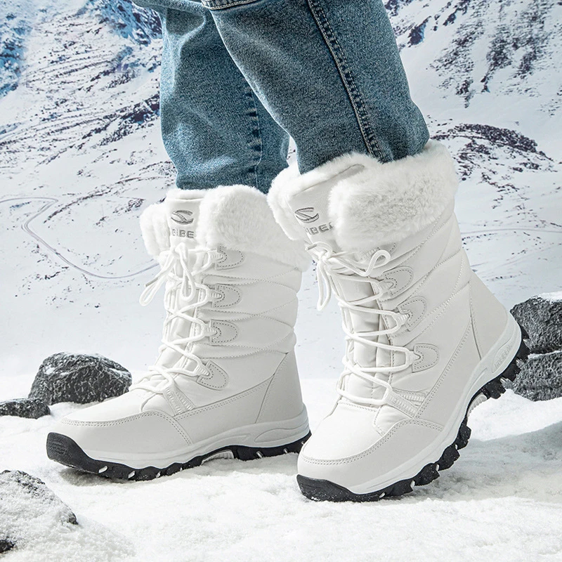 Women\'s Winter Waterproof Snow Boots Outdoor Men and Women Plush Cotton Boots Fur Lined Lace-up Ski Hiking Boots