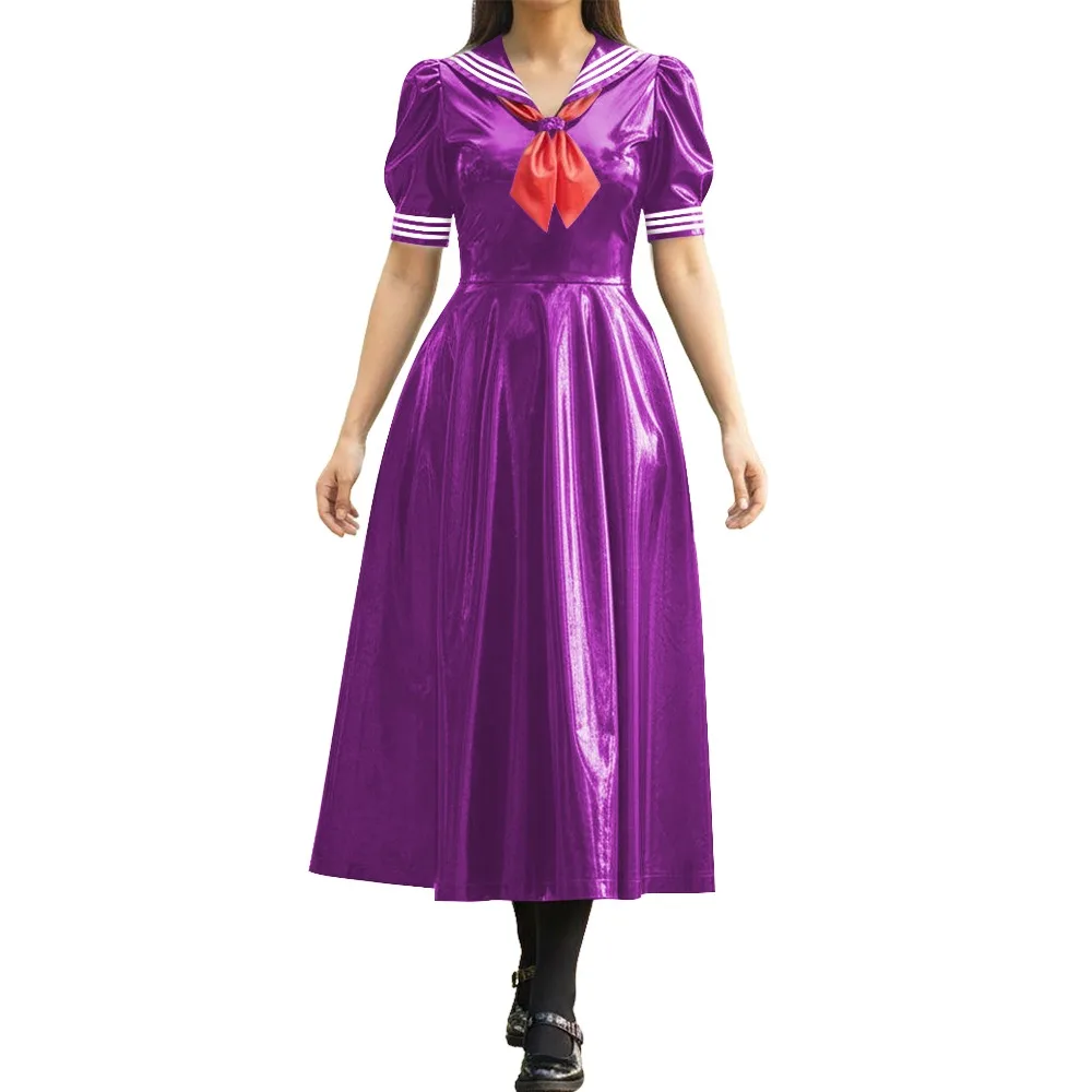 Vinyl PVC Leather Long Sailor Dress with Puff Sleeve Japanese Cosplay Women's School Uniform Halloween Party Role Play Outfits view 6