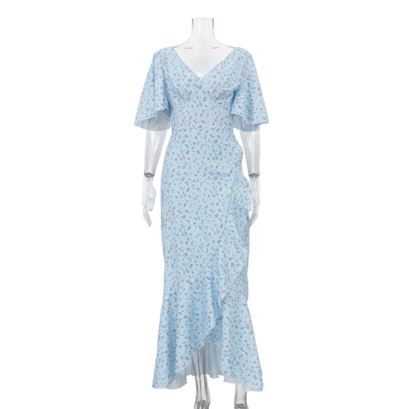 Elegantes Damenkleid mit Blumenmuster, Sexy Schulterfreies Kleid mit Schlitz und Rüschen, Meerjungfrauenkleid, Schickes Sommer-Strandkleid für Dates und Hochzeitsgäste – Detail 2