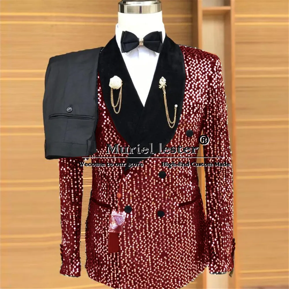 Exclusive Sequins Suits Men For Wedding Black Velvet Jacket Pants 2 Pieces Groom Wear Man Tuxedo Formal Business Office Clothing