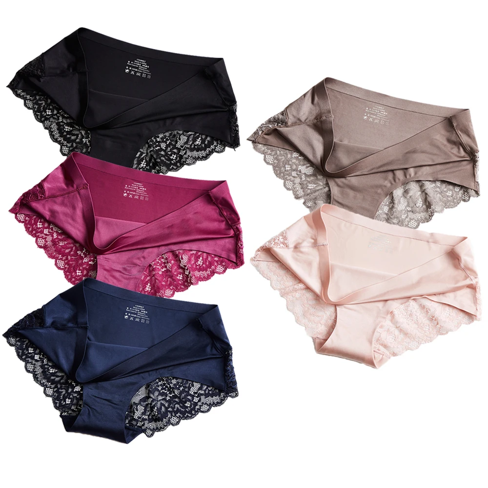 Sexy Lace Briefs For Women Mid Waist Stretchy Breathable Sleamless Ice Silk Intimates Panties Lingerie Female Underwear 5PCS/Set