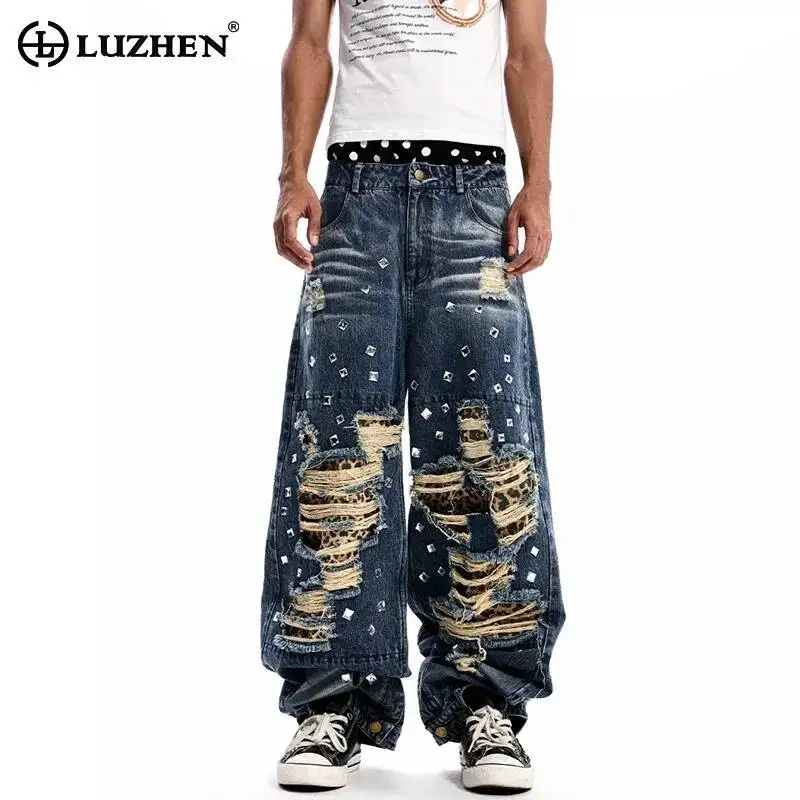 LUZHEN 2026 New Burr Broken Hole Design Leopard Print Patchwork Liner Straight Jeans Men's Stylish Streetwear Denim Pants JY7541