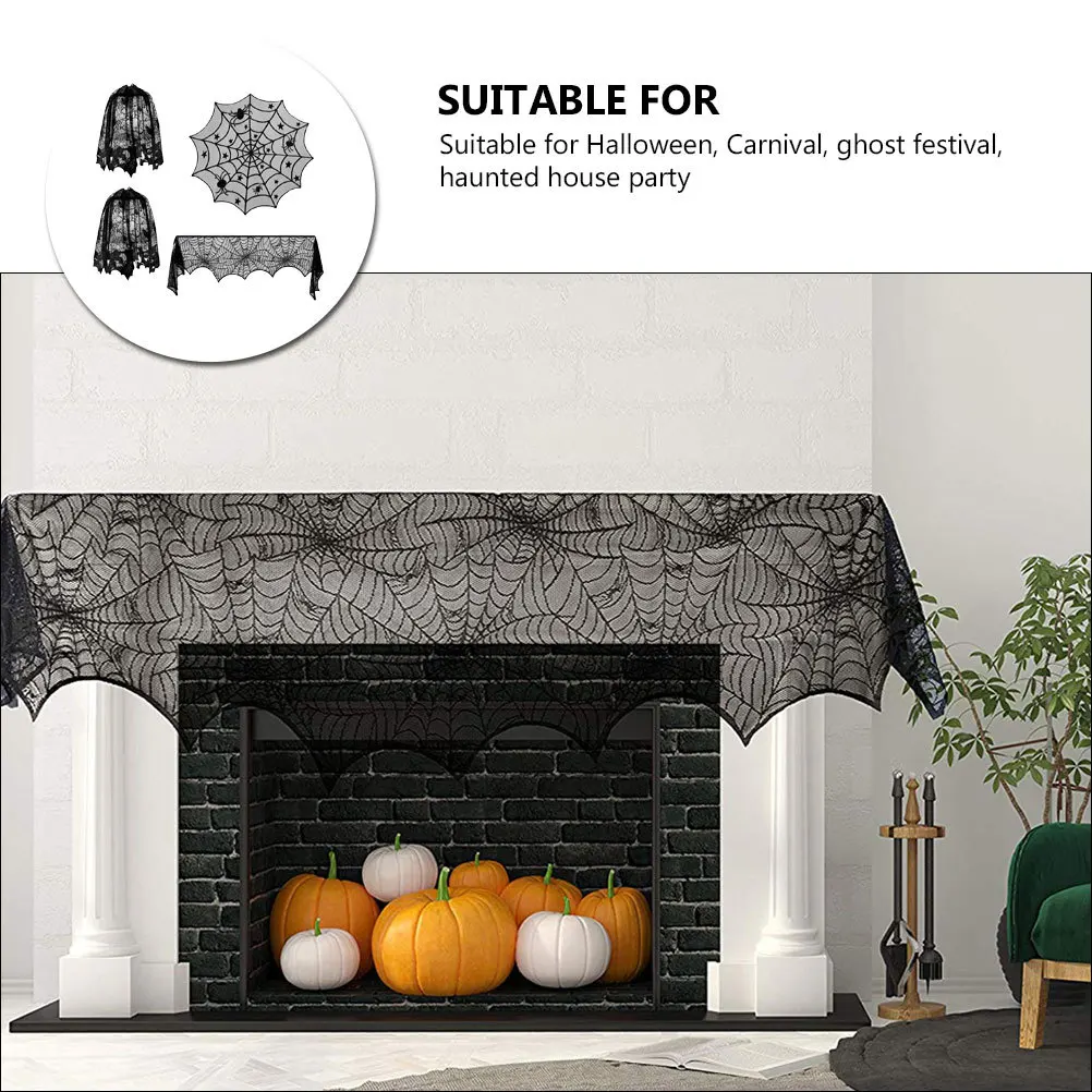 

4Pcs Halloween Spider Web Lace Fireplace Cloth Tablecloth Lampshade Black Lace Decoration for Scary Party Washable
