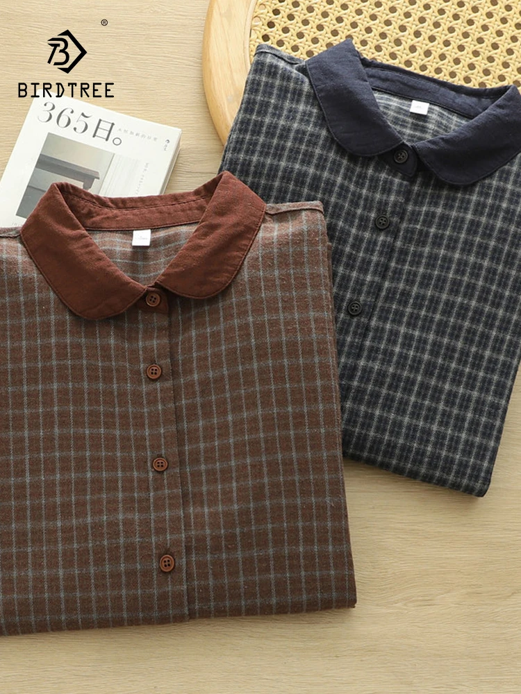 

New 2026 Spring Women Cotton Long Sleeve Brushed Shirt, Turn-down Collar Plaid, Mori Girl Retro Commute Loose Blouse T63129CC
