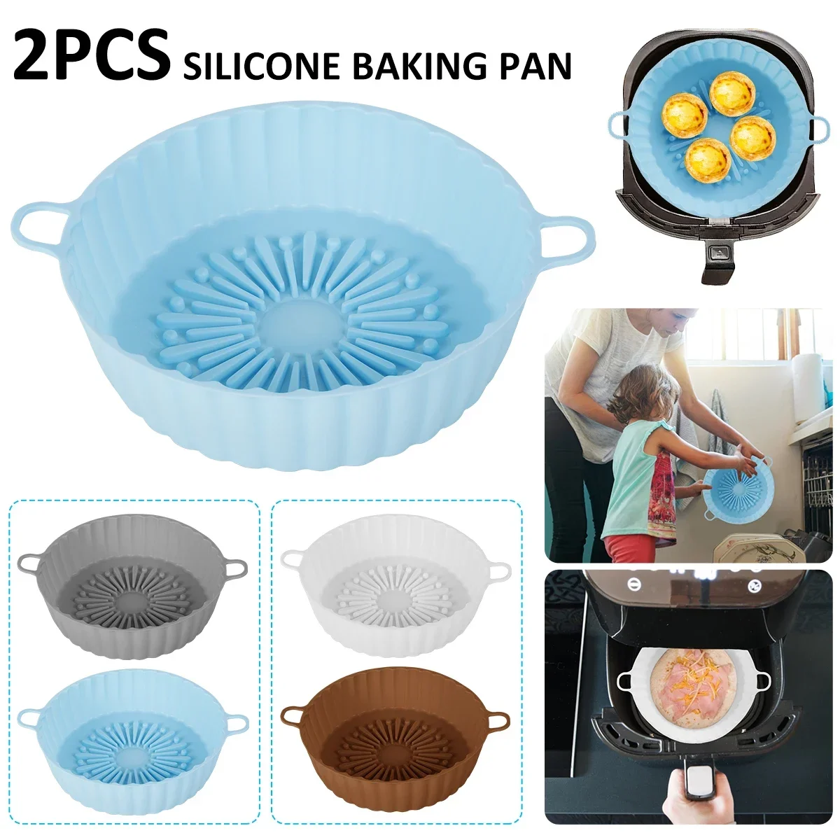 New 2Pcs Air Fryer Silicone Pot with Handle Reusable Air Fryer Liner Heat Resistant Air Fryer Silicone Basket Round Baking Pan