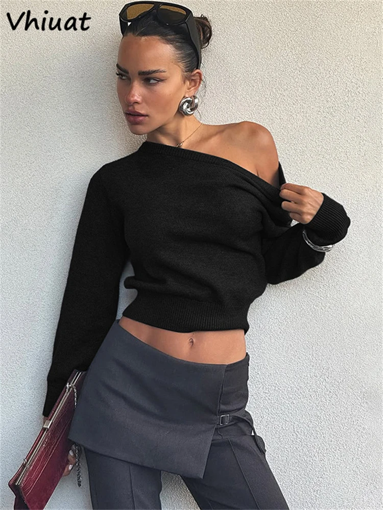 Vhiuat-suéter elegante de punto para mujer, ropa de otoño e invierno, jerséis ajustados informales a la moda, Jersey liso, Tops, Pull 2025