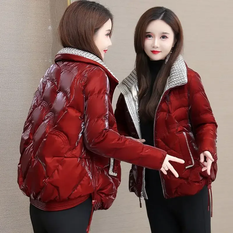 Glanzende stof donskatoenen jassen dames winter nieuwe mode casual verdikte korte losse lange mouwen jas dameskleding