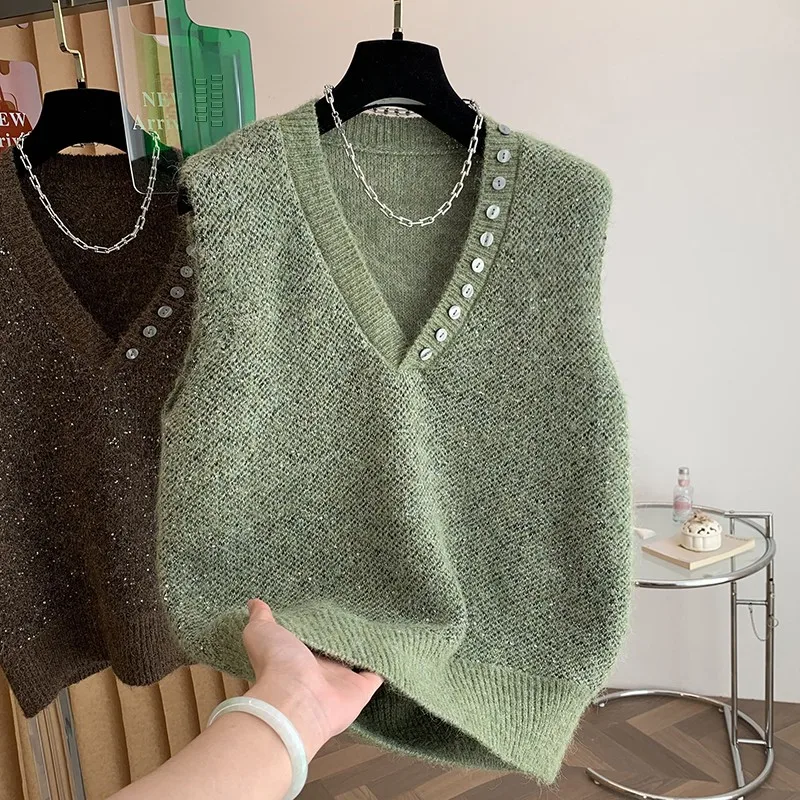 

Женский вязаный жилет-топ с V-образным вырезом на осень-зиму, больших размеров, скрывающий живот, удобный крой, для повседневной носки, базовая одежда, стандартная длина