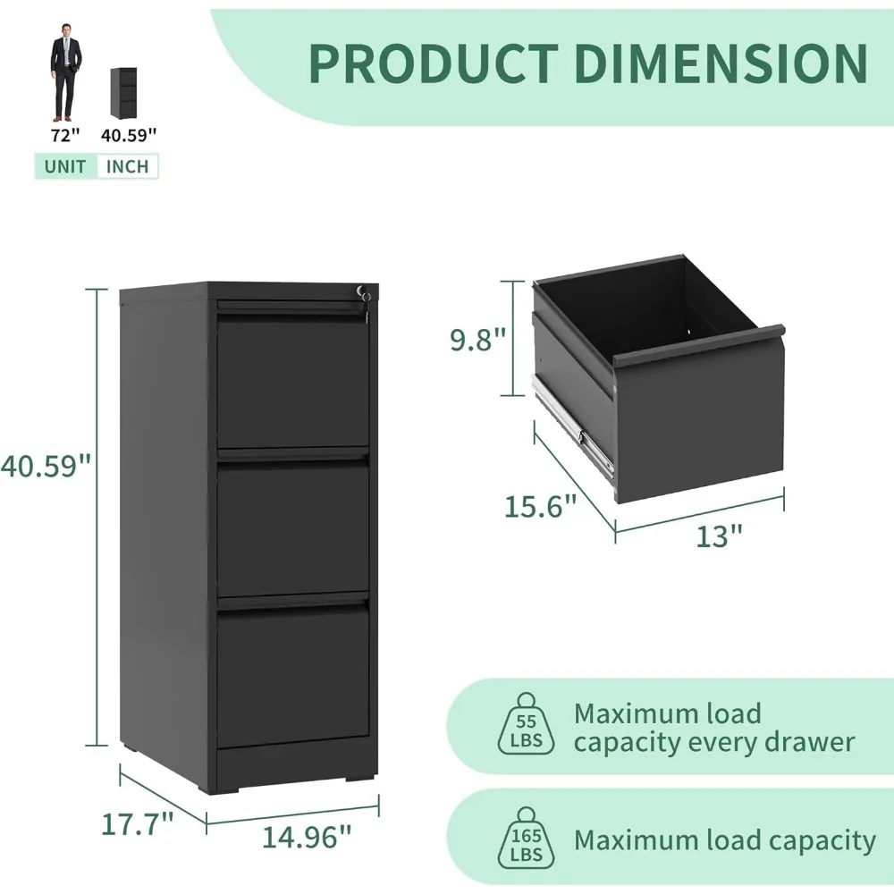 Heavy Duty Steel Vertical File Cabinet with Lock for Home Office, Ideal for Hanging Letters, Legal Size Documents Storage