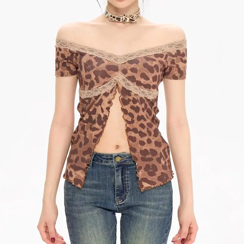 

Sexy ort Lace Patchwork Leopard Print Crop Top Belly Baring Trendy Retro Sle Polyester Fabric Ladies T-irt Polyester