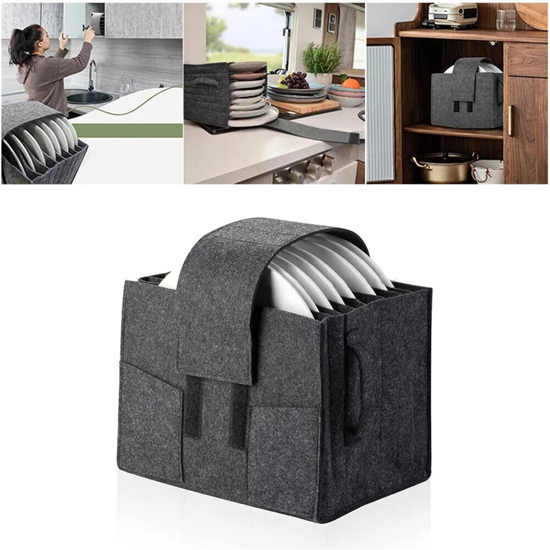 

Felt Plate Storage Holder Bag For Motorhome Campervan Picnic Cupboard Tableware Portable Dinner Plate Box Layered Storage