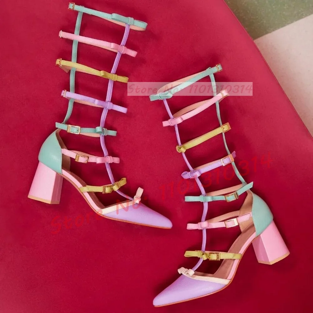 Sandalias largas con hebillas de cinturón para mujer, zapatos elegantes con tiras en T y lazo, tacones altos de bloque para fiesta, Multicolor