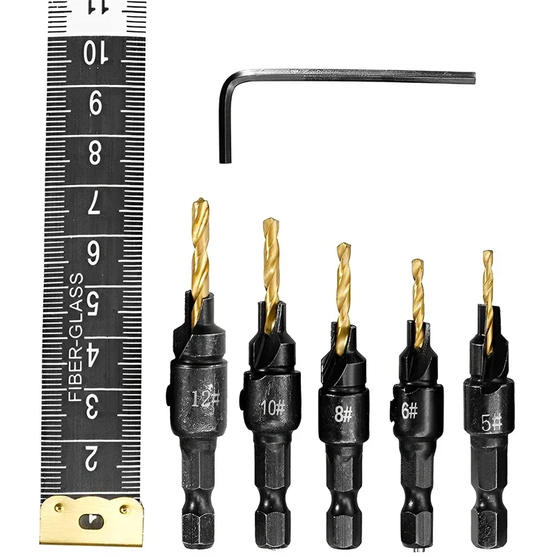 1/4 Hex Shank Countersink Drill Woodworking Drill Bit Set Drilling Pilot Holes for Screw Sizes #5 #6 #8 #10 #12