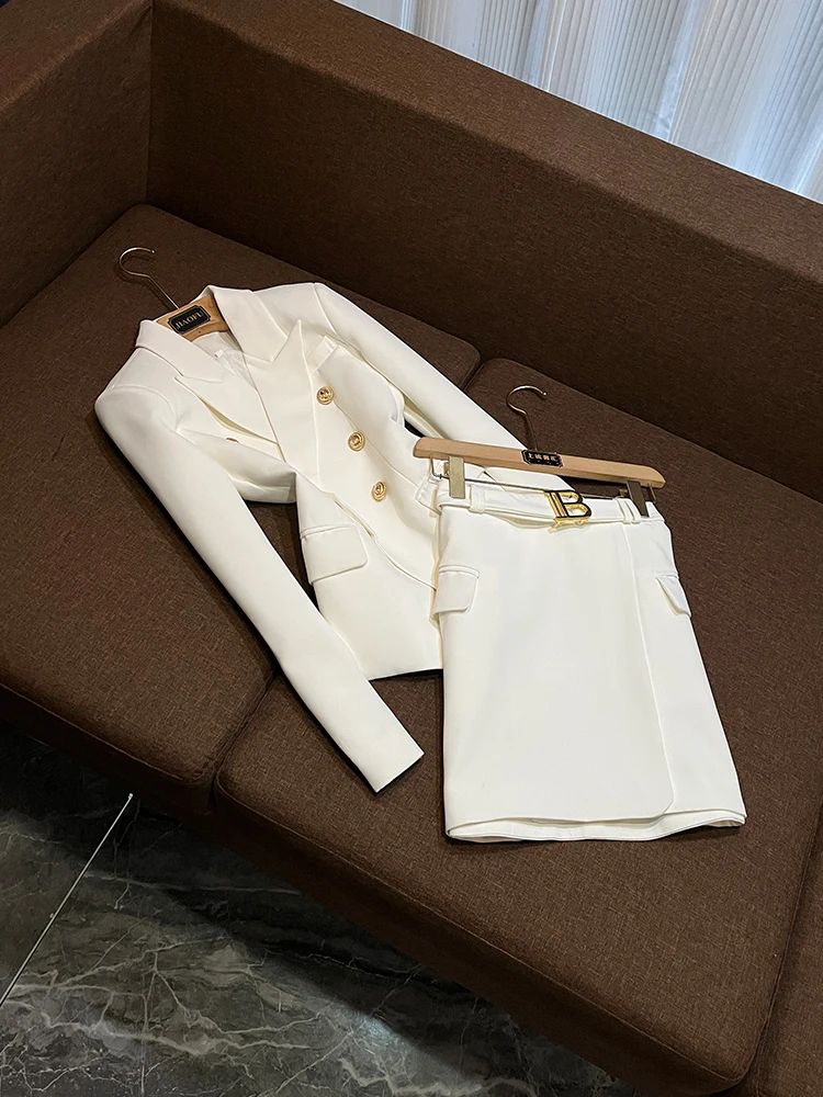 

Модный двубортный костюм из тюлета и юбки с запахом, комплект из двух предметов, женский комплект для поездок на работу, независимая станция B22406