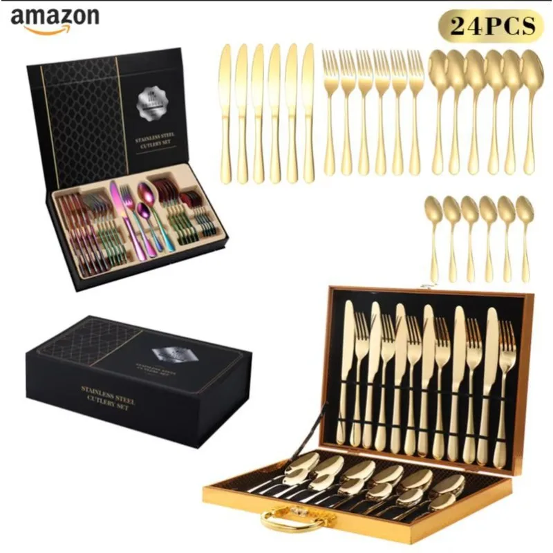 

24pcs 1010 Stainless Steel Cutlery Set Gold Utensils 4 Main Pieces Cross Border Gift Box