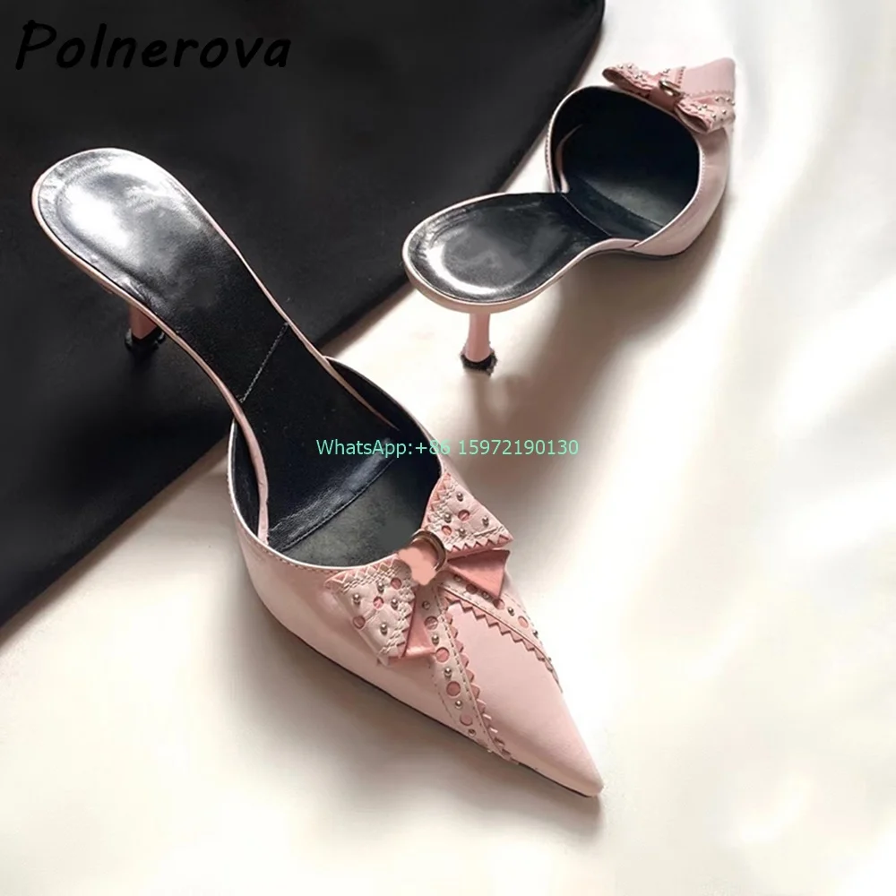 

Light Pink Butterfly Knot Retro Slippers Sewing Hollow Dot Lesbian Pointy Toe Shallow Kitten Heel Pumps Sweet Girl Fashion Shoes