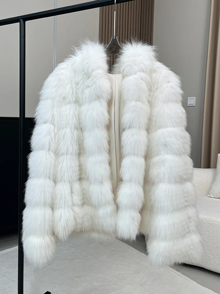 Giacca invernale da donna in pelliccia di volpe naturale con striscia di pelliccia cucita stile Toghter caldo spesso giacca casual con cappuccio cappotto caldo capispalla